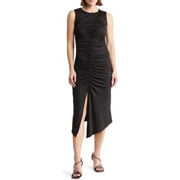 Collective Concepts Dress Ruched Slit Sleeveless Bodycon Midi Black NWT Small - Picture 1 of 6